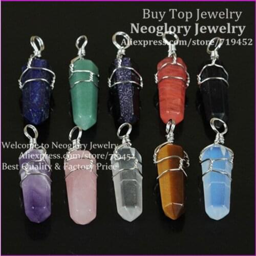 10pcs Mix Natural Hexagon Gems Point Pendant Silver Wire Wrapped Opal/Blue Sand/Lapis/Crystal/Pink Quartz Pendant Druzy Pendant