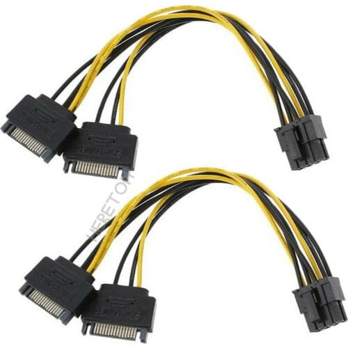 2pcs Dual 15Pin Male Cable To (6+2) 8Pin Male PCIE PCI Express Video Card SATA Power Cable Adapter Data Cables 20CM