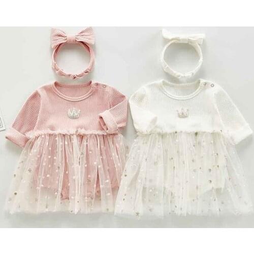 Baby Girl Bodysui Autumn New Kids Princess Dresses Crown Long Sleeve Baby Girl Jumpsuit Girls Mesh Dress with Hair Band
