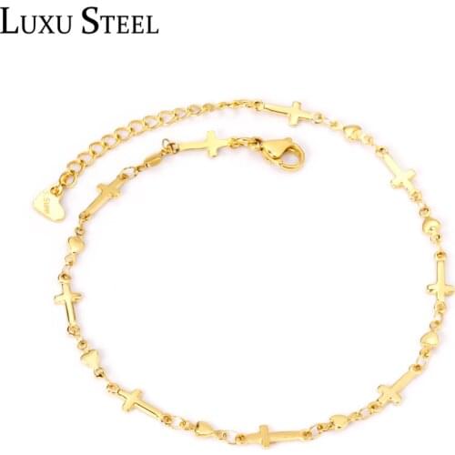 LUXUSTEEL Religion Cross Accessories Anklets For Women Gold Color Fashion Classic Stainless Steel Anklets Bracelets Party Daily
