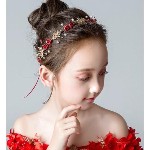 Childrens red exquisite headdress flower girl wedding accessories girls birthday cute show all-match hair accessories