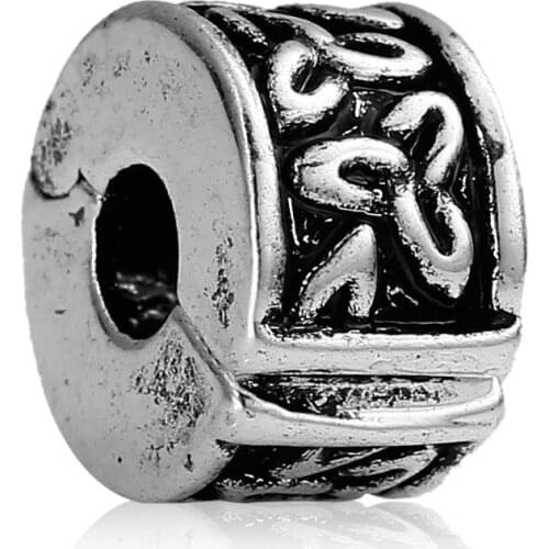 DoreenBeads European Charm Stopper Clip&Lock Bail Beads Silver Color Carved 10x6mm,Hole:Approx 3.2mm,10PCs new