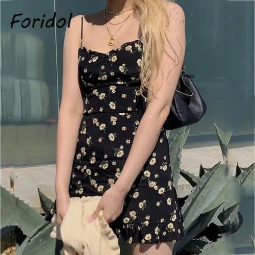 Foridol Floral Print Ruffle Slip Summer Dress Women Clothing New 2021 Strap Sleeveless Boho Dress Short Beach Black Dress