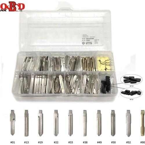 HKOBDII 100pcs Metal Uncut Car Key Blade Set With 100pcs 14mm KD Logos and 20pcs Blank Transponder Chips for KD900/KD-X2 Remotes