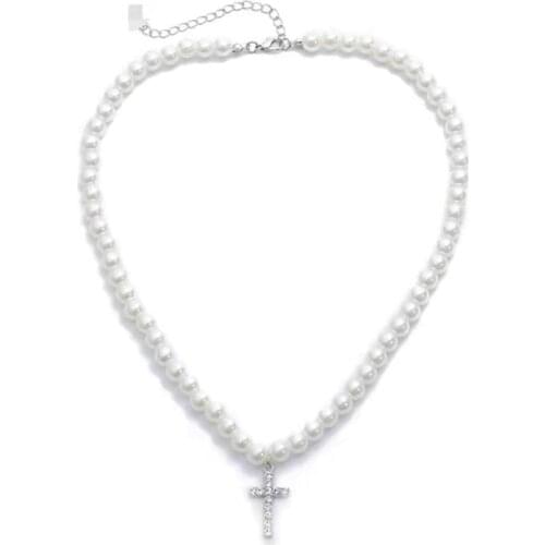 Imitation Pearls Chain Vintage Artificial Diamond Cross Pendant Necklace for Women Jewelry