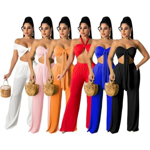 Sexy Bra Strapless 2 Pieces Sets with Adjustable Strap Summer off Shoulder Tube Crop Top + Wide Leg Long Pants Summer Outfits
