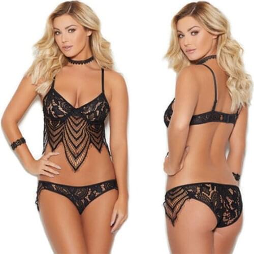 Summer Fashion 2PC Women Lingerie Trim Straps Bra Soft Push Up Top Deep V Back Sexy Lace Bralette Set Transparent Lace Bra