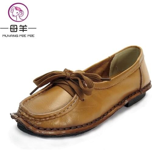 MUYANG Genuine Leather Handmade Women Shoes Woman Loafers Female Flat Lacing Soft Comfortable Shoes Woman Flats