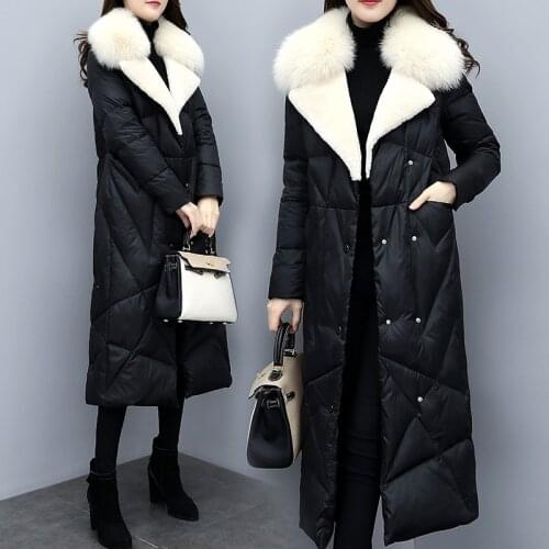 New Women Winter Long Down Coat White Duck Down Big Fur Collar Parka New Female Fashion Thick Warm Jacket Outwear