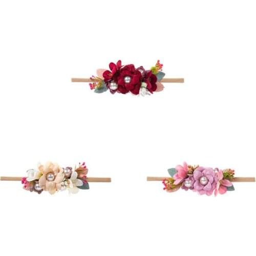 Oaoleer Baby Girls Flower Headband Fabric Pearl Childrens Hairband Cute Super Soft Nylon Baby Hair Accessories Newborn Headband
