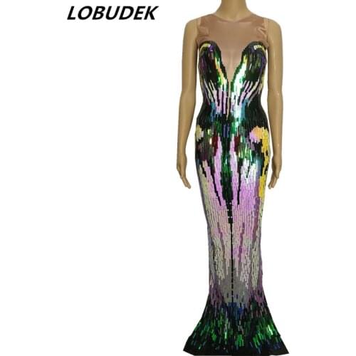 Multi-color Sequins Skinny Long Dress Sexy Women Singer Bar Party Host Costume Birthday Prom Stage Catwalk Performance Clothes