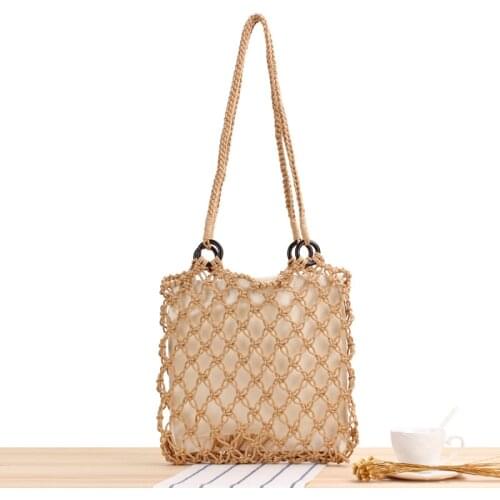 New Solid Color Wooden Ring Hollow Out Cotton Rope Braided Mori Style Handmade Net Pocket Vacation Beach Straw Bag