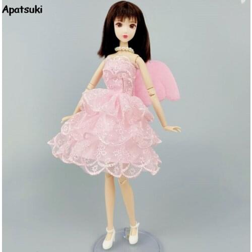 Pink Angel Wing Lace Dresses Fashion Clothes For Barbie Doll Gown Short Dress For Barbie 1/6 BJD Dolls Accessories Kids DIY Toys