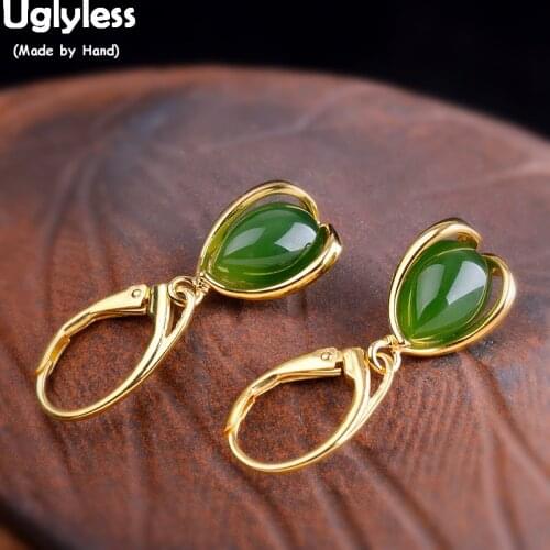 Uglyless Natural Jade Water Drop Gemstones Earrings for Women Real 925 Sterling Silver Evening Dress Earrings Gold Brincos E1502