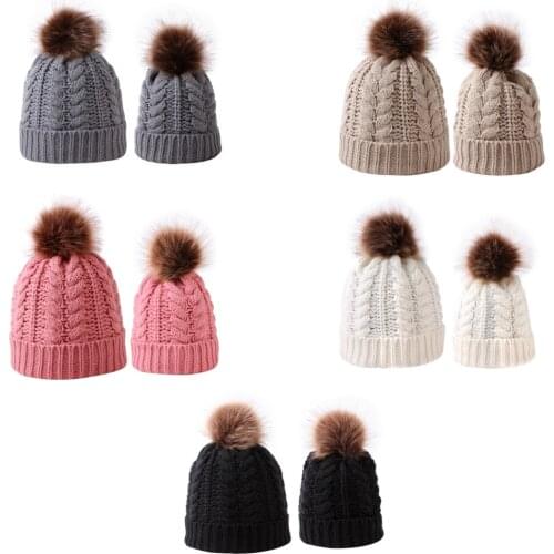 5Colors Family Knitted Caps For Monther And Babies Warm Autumn Winter Pom Bobble Hat Kids Beanie