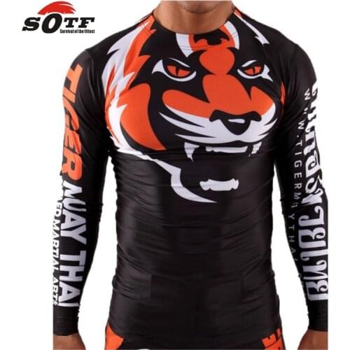 SOTF Tight elastic body-building clothes Tiger Muay Thai MMA Muay Thai boxing shirt Long sleeve "Signature" series Black orange
