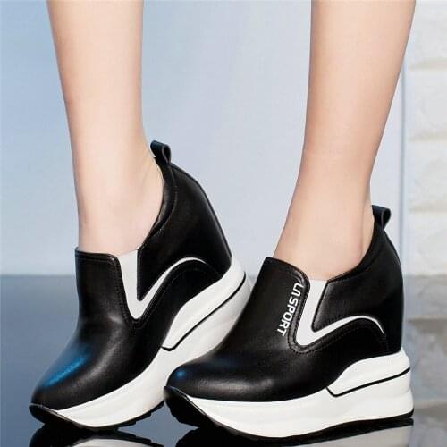 Fashion Sneakers Women Genuine Leather Wedges High Heel Ankle Boots Female Slip On Round Toe Platform Pumps Shoes Casual Shoes