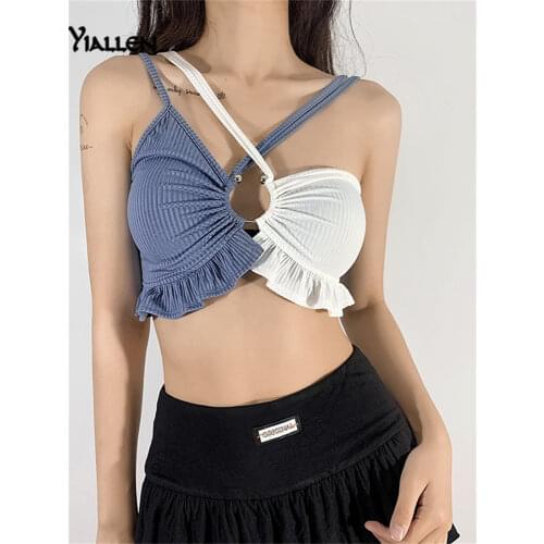 Yiallen Summer Fashion Sexy Hollow Patchwork Rib Knit Slim Stretch Basic Wild Club Street Camisole Women 2021 Simple Casual Top