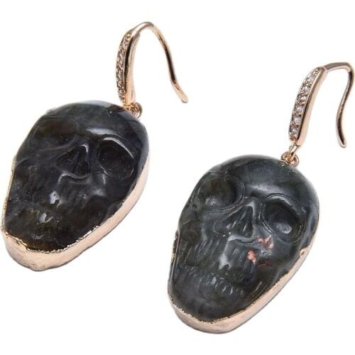 GuaiGuai Jewelry Natural Labradorite Gems Stone Skull Heads Shape CZ Pave Gold Plated Dangle Hook Earrings For Women