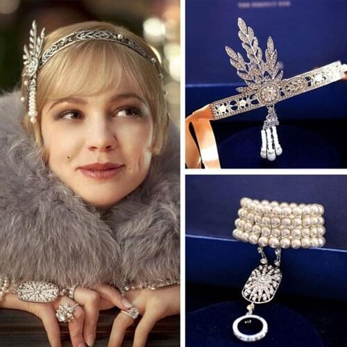 Great Gatsby Headband 1920s Hair Cap Baroque Bracelet Cosplay Costume Accessories Stud Earrings Morrocan Jewelry Sets For Women