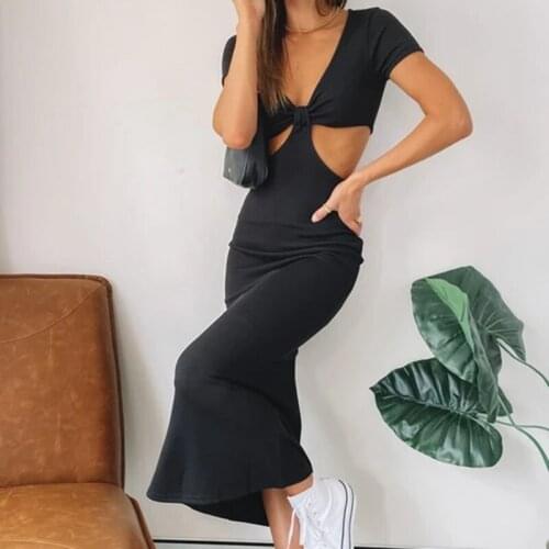 Sexy Hollow Out Beach Dresses V-neck Short Sleeve Maxi Sundress Elegant Lady Women Party Night Long Bodycon Dress Summer Outfits