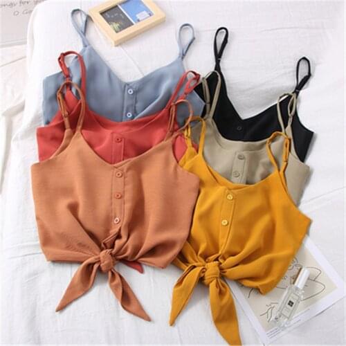 Woman Street-wear Sexy Strap Top V-neck Backless Crop Top Korean Style Solid Button Holiday Slim Short Tank Tops 2020 Fashion