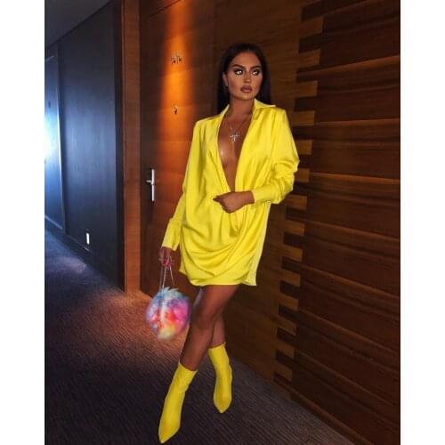 SKMY Summer 2021 New Sexy Outfits For Woman Night Club Low-Cut Deep V Long Sleeve Bodycon Solid Color Yellow Dress Clothes