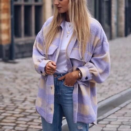 Casual Plaid All-match Tweed Buttons Pockets Female Coats Pop Women Blend Coats Streetwear Long Sleeve Loose Ladies Jackets 2021