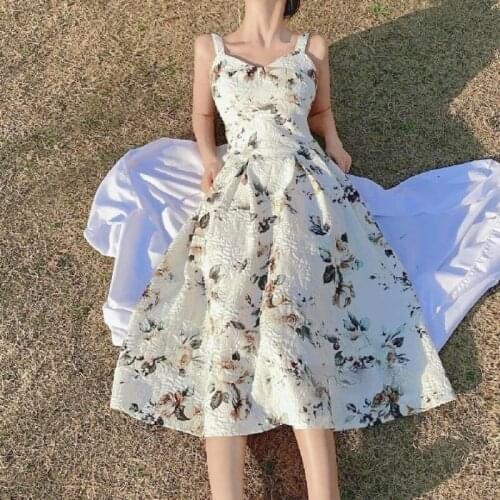 Hstar French Vintage Strap Floral Dress Women Elegant Sexy Party Backless Midi Dresses Retro Sweet Holiday Print Dress Summer