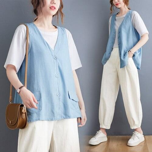 Womens Vest Jackets New 2021 Korean Style Vintage V-Neck Single Breasted Loose Casual Cardigan Female Cotton Linen Coats