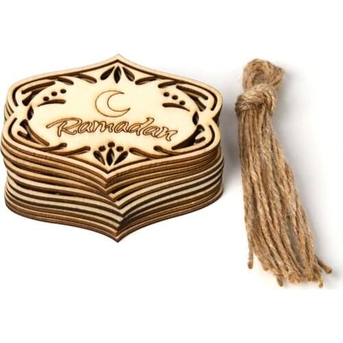 10pcs/set Eid Mubarak Muslim Home Decoration Pendant Wooden Hollow Ornament with Ropes DIY Crafts Ramadan Decor
