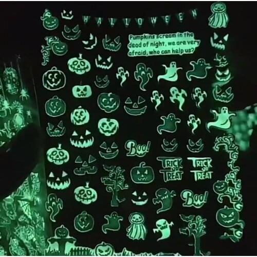 9 Styles Luminous Halloween Nail Decal Sticker Pumpkin Ghost Death Owl Witch Bat Spider 3D Self-Adhesive Nail Stickers ,6767