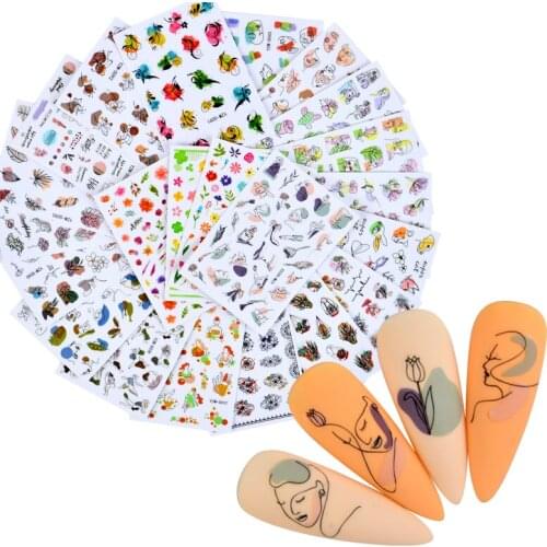 Abstract Face Nail Sticker Black Mandala Flower Green Leaf Fashion Adhesive Nail Decal DIY Manicure Foil