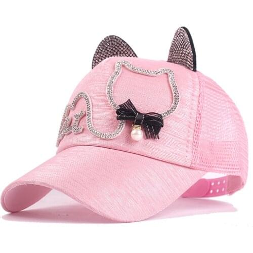 Spring Summer Cartoon Cat Baby Baseball Caps Children Cute Ears Mesh Sun Hat Boy Girl Kids with Diamond Adjustable Snapback Hats