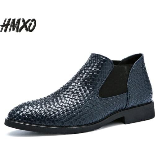 HMXO Woven Men Leather Boots Carved British Men Casual Business Leather Shoes Martin Boots Brock Pointed Chelsea Male Boots
