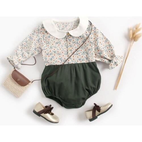 Baby Floral Print Patched Long Sleeve Jumpsuit Spring Autumn Newborn Girls O-neck Front Button Bodysuits Playsuits Infant Romper