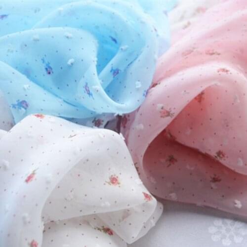 Elegant Chiffon Fabric Polka Dot Floral Printed Cut Flower Soft Comfortable for Women Dress,Shirts Pink, Blue, Beige by the mete