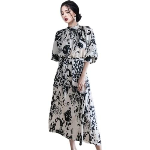 Elegant print maxi a line Dress one piece korean ladies autumn long SLeeve stand cabaret party Dresses for womne