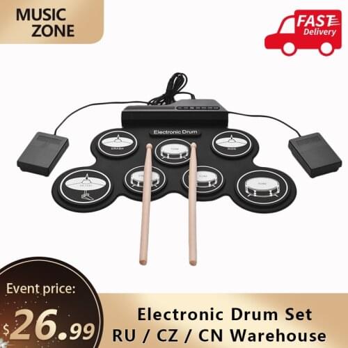Drum Electronic Drum Set Compact Size USB Roll-Up Silicon Drum Pad Digital Electronic Drum Kit 7-Pad with Drumsticks Foot Pedals