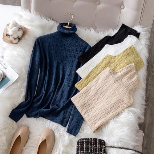 HLBCBG Pile Collar Womens Sweater Fashion Hollow Out Wool Pullovers Top Cashmere Spring Autumn Thin Solid Turtlenecks Sweaters