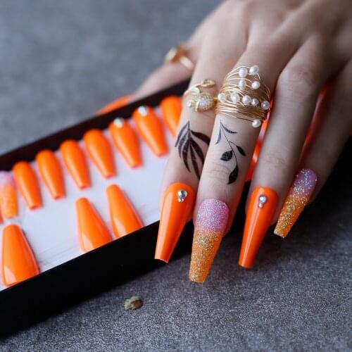 Orange Extra Coffin Glitter Fake nails Artificial nails High-quality Simple crystal reuse Box Custom logo Press on nails