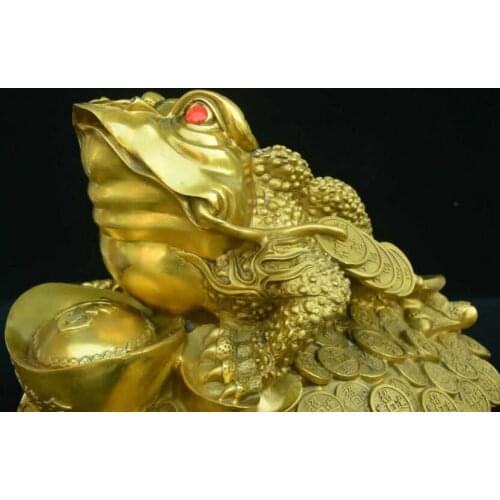 Chinese Copper Bronze Feng shui Toad Wealth Yuan Bao Coins Statue