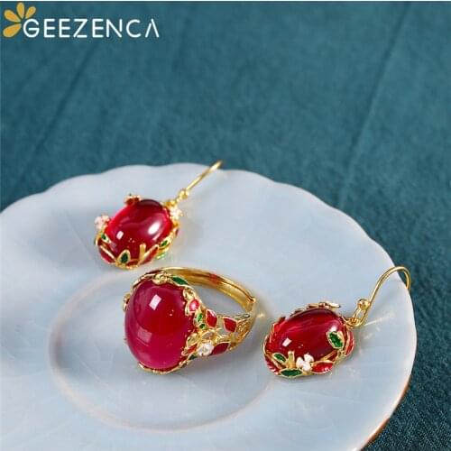 GEEZENCA S925 Silver Gold Plated Enamel Red Corundum Jewelry Sets Earrings Ring For Women Vintage Trendy Cloisonne Fine Jewelry