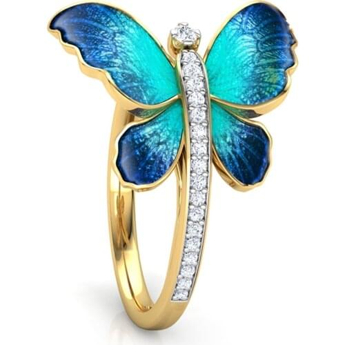 Fashion Women Rings Cute Gold Color Butterfly Oil Painting Pattern Rhinestones Ring For Women Accessories Jewelry Girl Gift