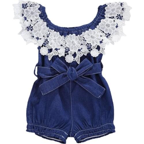 Summer 0-24M Newborn Baby Girls Off Shoulder Rompers Ruffles Ruffles Blue Denim Jumpsuits Bow Outfits