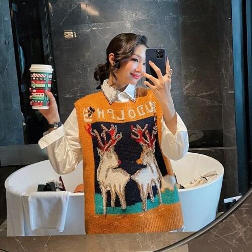 IHOBBY Two Pieces Set Rhinestore Collar White Shirt Yellow Deer Embroidery Vest Fashion Heavy Work Vest Women Spring Clothing