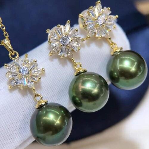 D822 Pearl Set Fine Jewelry 925 Sterling Silver Round 8-10mm Fresh Water Peacock Green Black Pearls Jewelry Set for Women Gifts