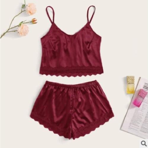 2PCS Sleepwear Set Womens Pyjamas Suit Satin Solid Comfortable Lace Underwear&Pants Multicolor Sexy Wine Red loungewear S-XL