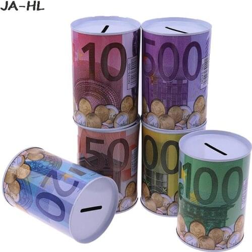 Creative Tinplate Cylinder Piggy Bank Euro Dollar Picture Box Household Saving Money Box Home Decoration Money Boxes 1Pc