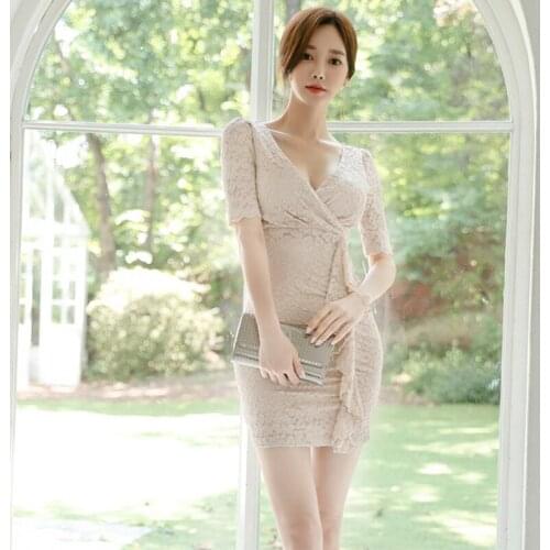 Fashion women comfortable elegant solid lace perspective dress new arrival sexy work style slim ruffles cute basic pencil dress